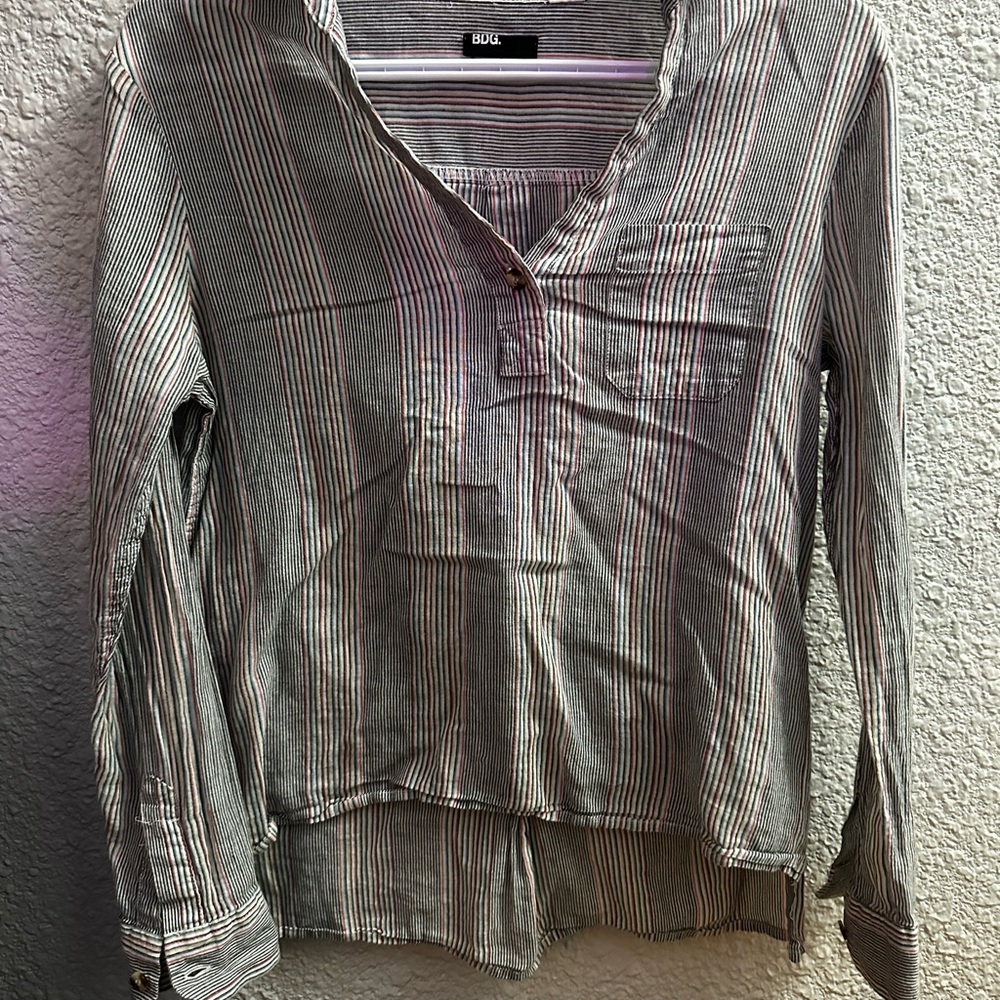 BDG Striped V-Neck Button-Front Blouse in Playful Stripes in Muted Tones